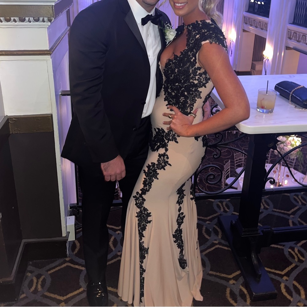 Jovani prom gown 89902 nude gown black cap sleeve lace bodycon